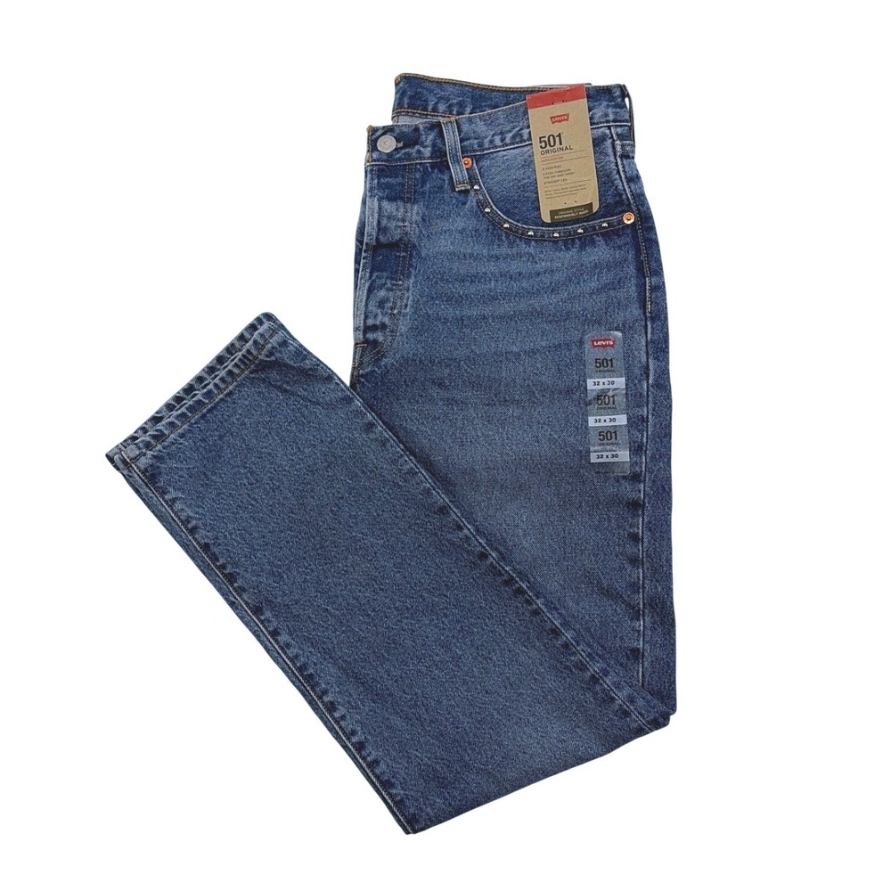 Levis 501 Original Studded Straight Leg Jeans Blue Denim 32x30 High Rise NEW